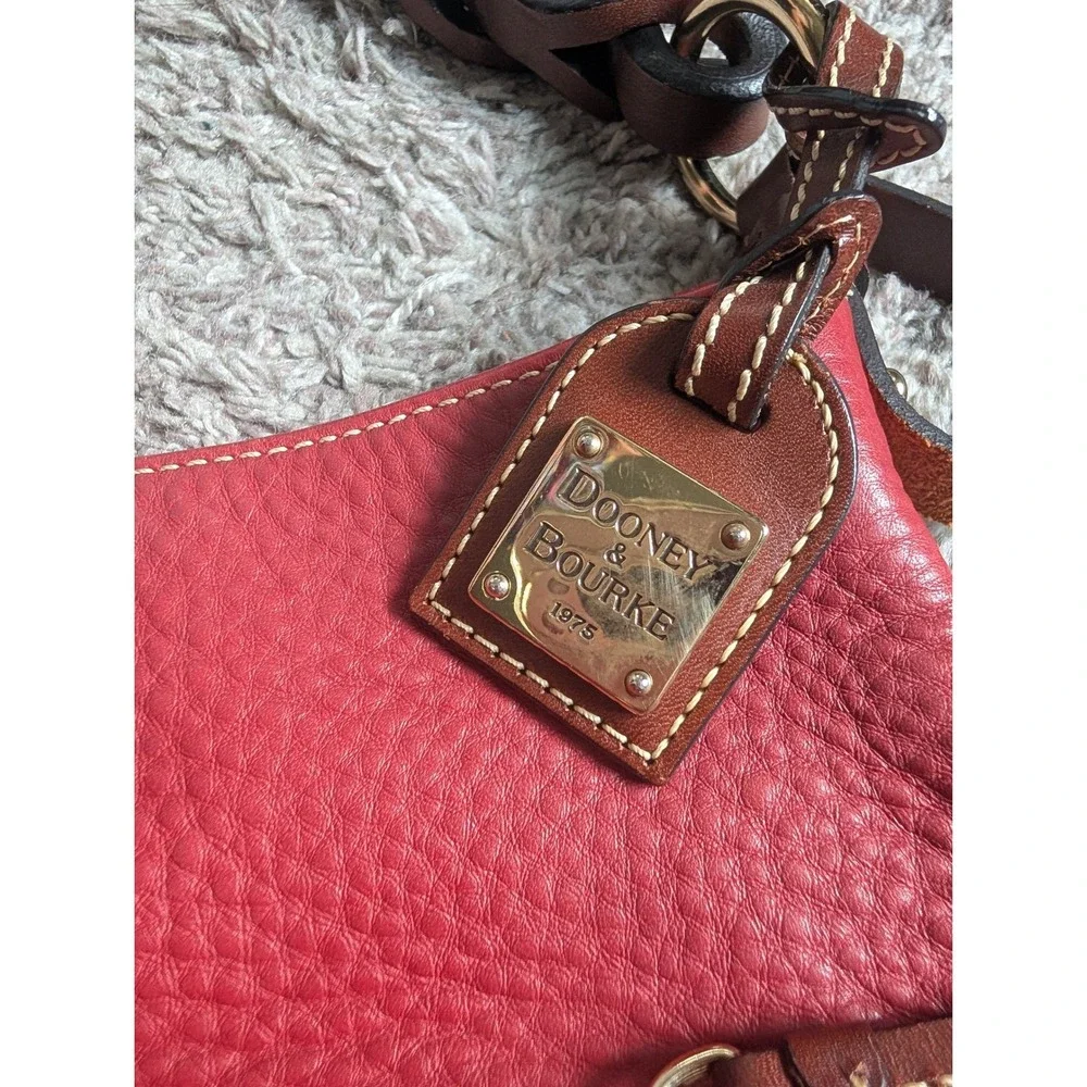 Dooney & Bourke, Red Pebbled Leather Hobo Bag, Slouchy, Brown Braided Strap